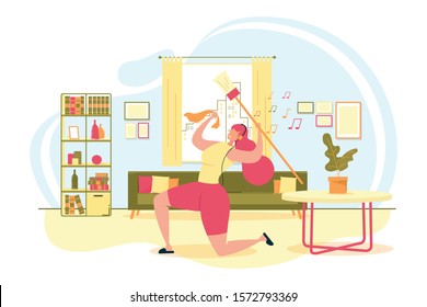 Home Cleaning, Housewife Routine and Housework Flat Vector Concept. Happy Young Woman Cleaning at Home Living Room, Lady Listening Music and Dancing While Sweeping with Broom, Wiping Dust Illustration