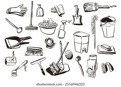 Home cleaning hygiene household work detailed doodle outline. Perfect for wallpaper, template, banner, wall decor, print, postcard, cover. Vector illustration
