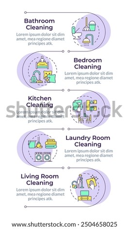 Home cleaning infographic vertical sequence. Dusting furniture, housework. Housekeeping service. Visualization infochart with 5 steps. Circles workflow