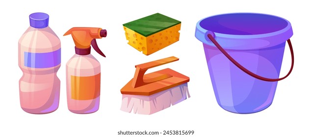 Home cleaning instruments and detergents set isolated on white background. Vector cartoon illustration of spray bottle with washing substance, brush and sponge, empty bucket, house hygiene tools