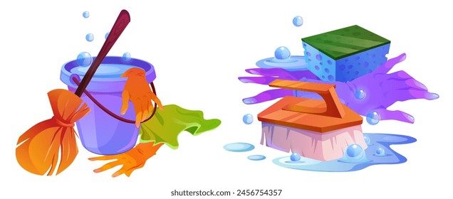 Home cleaning instruments set isolated on white background. Vector cartoon illustration of bucket, broomstick, wet sponge and brush, rubber gloves, soap bubbles, water puddle, house hygiene tools