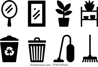 Home cleaning interior design icon collection with tools and decor elements