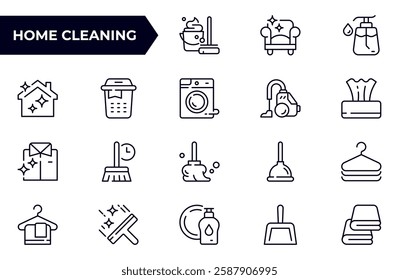 Home cleaning line icon set.Clean up the house. Washing floors, windows, dishes, clothes and linen.Sweeping the floor and wiping dust. Outline icon collection.