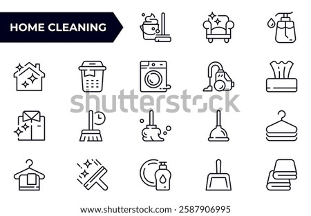 Home cleaning line icon set.Clean up the house. Washing floors, windows, dishes, clothes and linen.Sweeping the floor and wiping dust. Outline icon collection.