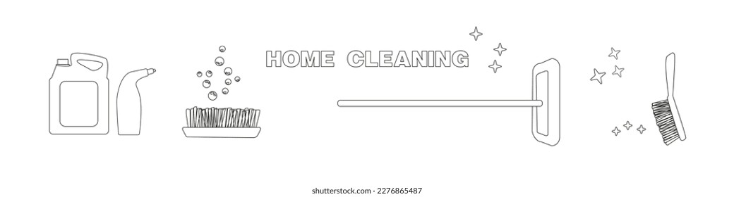 Home cleaning line set. Cleaning Home doodle icon set. Cleanup House Tools Vector illustration collection. Hand drawn Line art style.