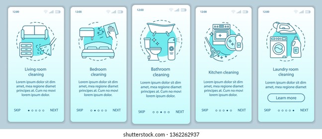 Home cleaning onboarding mobile app page screen, linear concepts. Laundry room, bedroom, kitchen cleanup. Five walkthrough steps graphic instructions. UX, UI, GUI vector template with illustrations