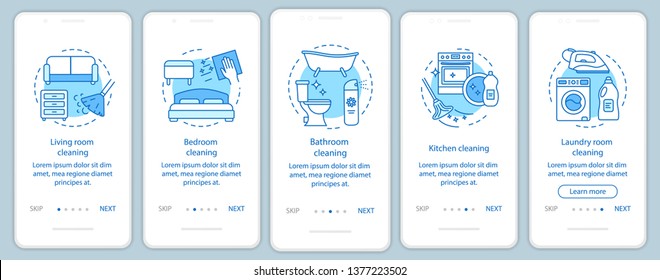 Home cleaning onboarding mobile app page screen, linear concepts. Five walkthrough steps graphic instructions. Living room, bedroom, bathroom cleanup. UX, UI, GUI vector template with illustrations