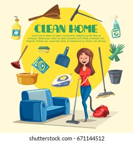 Home cleaning poster with clean room and washing appliances or chemicals. Vector woman mopping flat floor with vacuum cleaner, water bucket or detergent and bathroom plunger, dust scoop or duster