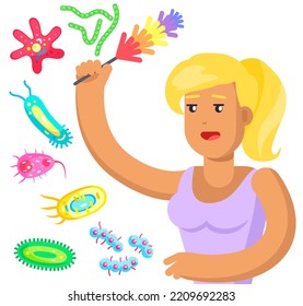 Home Cleaning Poster With Housekeeping Woman. Lady With Pipidaster In Hand Fighting Germs And Dust. Housewife Cleans Dust And Microorganisms Vector Illustration. Daily Routine, Housework Concept