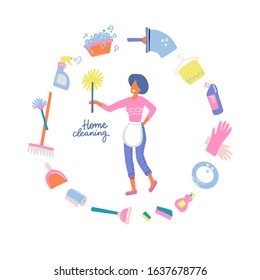 Home cleaning poster with washing appliances or chemicals. Round infographic concept Vector woman with pipidaster in hand, water basin or detergent and bathroom plunger, dust scoop or duster.