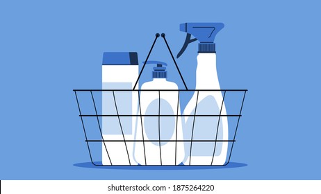 Home cleaning products in the shopping basket. bottles with powders and gels, antibacterial agents. Vector illustration in a modern Style.