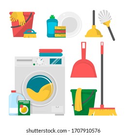 Home cleaning products and tools set vector isolated. Washing machine, bucket and mop, toilet plunger and brush. Clean and disinfect your home.