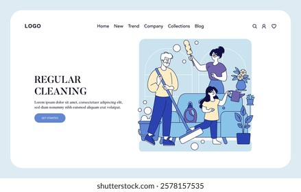 Home cleaning routines bring family members together in shared activities. This illustration captures a family involved in various chores, emphasizing teamwork and organization. Their actions create a