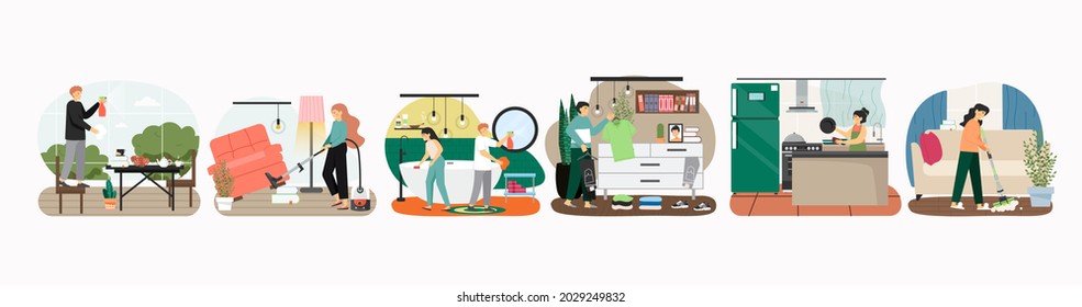 Home cleaning scene set, flat vector illustration. Housekeeping and dishwashing services. Daily housework routine.