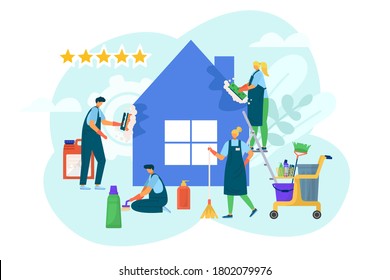 Home cleaning service at house, vector illustration. Flat domestic cleaner, cartoon job hygiene and housekeeping work concept. Professional people with mop, broom equipment for household dust.