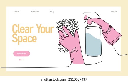 Home cleaning service landing page design concept, illustration of janitors with cleaning tools. Vector illustration