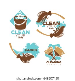 Home cleaning service vector icons set of brooms and duster brushes