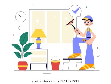 Home Cleaning Service Vector Illustration Featuring House Cleaning Workers Sweeping, Mopping, Wiping Glass, and More in a Flat Style Background