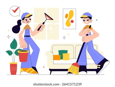 Home Cleaning Service Vector Illustration Featuring House Cleaning Workers Sweeping, Mopping, Wiping Glass, and More in a Flat Style Background