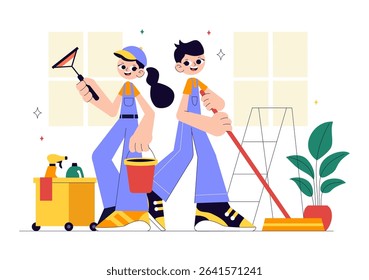 Home Cleaning Service Vector Illustration Featuring House Cleaning Workers Sweeping, Mopping, Wiping Glass, and More in a Flat Style Background