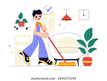 Home Cleaning Service Vector Illustration Featuring House Cleaning Workers Sweeping, Mopping, Wiping Glass, and More in a Flat Style Background