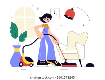 Home Cleaning Service Vector Illustration Featuring House Cleaning Workers Sweeping, Mopping, Wiping Glass, and More in a Flat Style Background