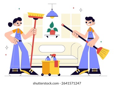 Home Cleaning Service Vector Illustration Featuring House Cleaning Workers Sweeping, Mopping, Wiping Glass, and More in a Flat Style Background