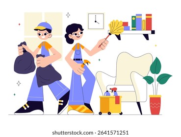 Home Cleaning Service Vector Illustration Featuring House Cleaning Workers Sweeping, Mopping, Wiping Glass, and More in a Flat Style Background