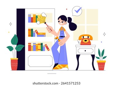 Home Cleaning Service Vector Illustration Featuring House Cleaning Workers Sweeping, Mopping, Wiping Glass, and More in a Flat Style Background
