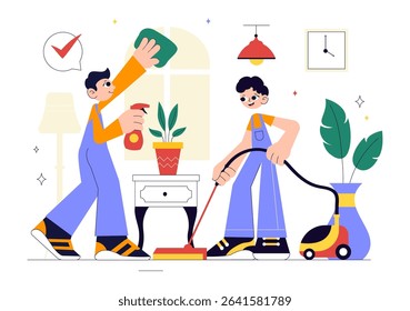 Home Cleaning Service Vector Illustration Featuring House Cleaning Workers Sweeping, Mopping, Wiping Glass, and More in a Flat Style Background
