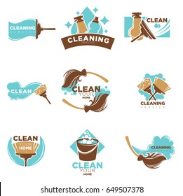 Home cleaning service of washing or mopping vector icons templates set