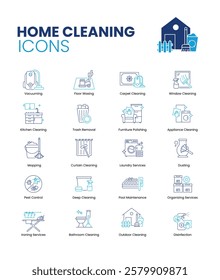 Home cleaning services icon set. Vacuuming, floor waxing, carpet, window cleaning, kitchen cleaning, furniture polishing, appliance cleaning. Vector icon set.