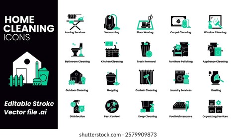 Home cleaning services icon set. Ironing services, vacuuming, floor waxing, carpet cleaning, window cleaning, bathroom cleaning, kitchen, trash removal, furniture polishing.