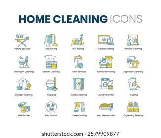 Home cleaning services icon set. Ironing services, vacuuming, floor waxing, carpet, window cleaning, bathroom cleaning, kitchen cleaning, trash removal. Vector illustration.