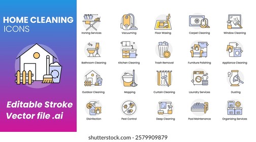 Home cleaning services icon set. Ironing services, vacuuming, floor waxing, carpet cleaning, window cleaning, bathroom cleaning, kitchen, trash removal. Vector icon set.