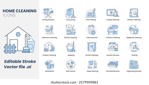 Home cleaning services icon set. Ironing services, vacuuming, floor waxing, carpet cleaning, window cleaning, bathroo, kitchen cleaning, trash removal, furniture polishing.