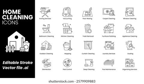 Home cleaning services icon set. Ironing services, vacuuming, floor waxing, carpet cleaning, window cleaning, bathroom cleaning, kitchen, trash removal. Vector icon set.