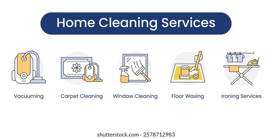 Home Cleaning Services. Icons included: Ironing Services, Vacuuming, Floor Waxing, Carpet Cleaning, Window Cleaning.