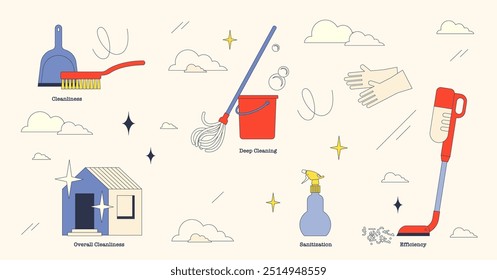 Home cleaning services for perfect hygiene tiny neubrutalism collection. Labeled elements with professional house sanitary service for cleanliness and property sanitization vector illustration.