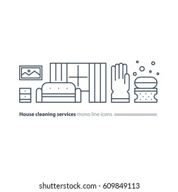 Home cleaning services, tidy living room with sofa and window, apartment chores, maintain clean interior, household and housekeeping, robber glove with sponge and soap vector mono line icon set