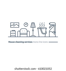 Home cleaning services, tidy living room with armchair and floor lamp, apartment chores, maintain clean interior, household housekeeping, hot water bucket with spray bottle vector mono line icon set