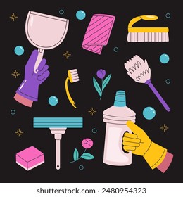 Home cleaning set. Trendy equipment elements for wash home isolated on black background. Hands with cleaning tools.