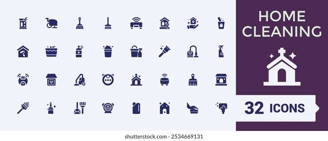 Home Cleaning solid icons set. Contains related to cleaning product, house cleaning, cleaning, hygiene, housekeeping, housework and more. Simple web icons set. Editable vector illustration