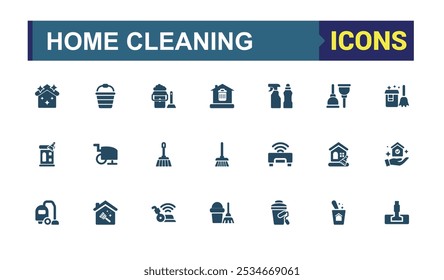 Home Cleaning solid web icon set. Perfect for linear UI designs featuring housework, hygiene, cleaning, house cleaning and more.Vector illustration in modern filled style.