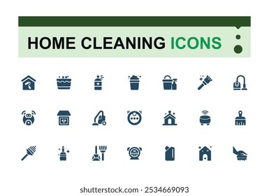 Home Cleaning solid web icon set. Perfect for linear UI designs featuring housework, hygiene, cleaning, house cleaning and more.Vector illustration in modern filled style.