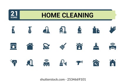 Home Cleaning solid web icon set. Perfect for linear UI designs featuring housework, hygiene, cleaning, house cleaning and more.Vector illustration in modern filled style.