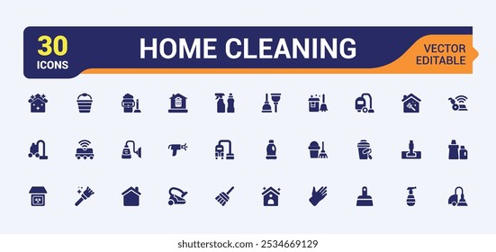 Home Cleaning solid web icon set. Perfect for linear UI designs featuring housework, hygiene, cleaning, house cleaning and more.Vector illustration in modern filled style.