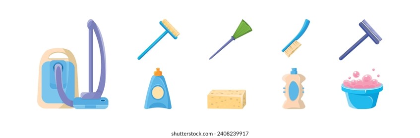 Home Cleaning Tools and Household Cleanup Object Vector Set
