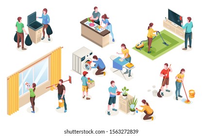 Home Cleaning, Vector Isolated Icons Of Man And Woman Couple Clean House Together. Laundry And Dish Washing At Kitchen, Watering Flowers And Cleaning Windows, Mopping Floor And Ironing