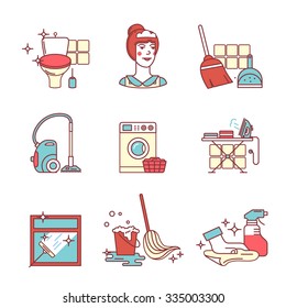Home cleaning, washing and tidying signs set. Thin line art icons. Flat style illustrations isolated on white.